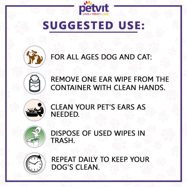 Petvit Ear Cleansing Wipes For Dogs And Cats To Remove Dirt - Fragrance Less 50 Wipes