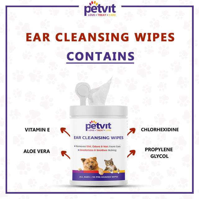 Petvit Ear Cleansing Wipes For Dogs And Cats To Remove Dirt - Fragrance Less 50 Wipes