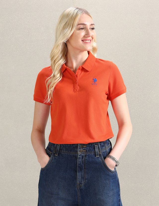 U.S. Polo Assn. Women's Embroidered Logo Solid Polo T-shirt | Orange - M