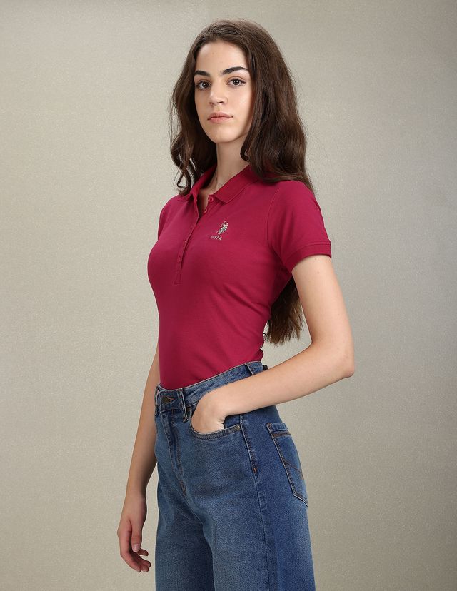 U.S. Polo Assn. Women's Solid Slim Polo T-shirt | Pink - S