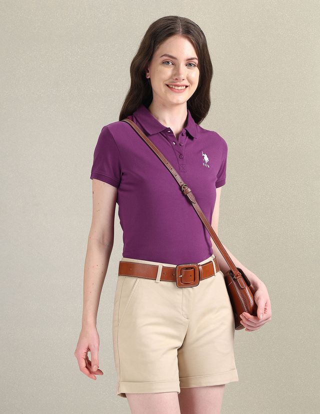 U.S. Polo Assn. Women's Cotton Stretch Logo Polo T-shirt | Purple - XL