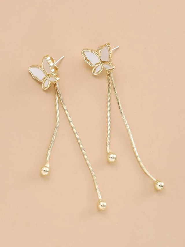 Yellow Chimes Gold Tone Butterfly Shape Stud Long Linear Chain Drop Dangle Earrings