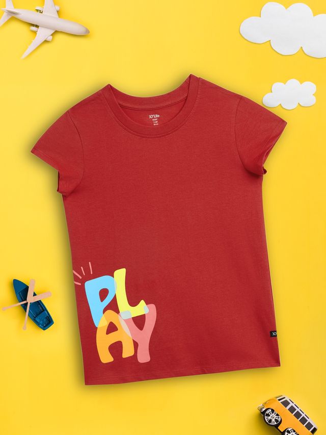 XY Life Girl's Playmate Intelliease Combed Cotton T-shirt | Dark Red - 7 to 8 years