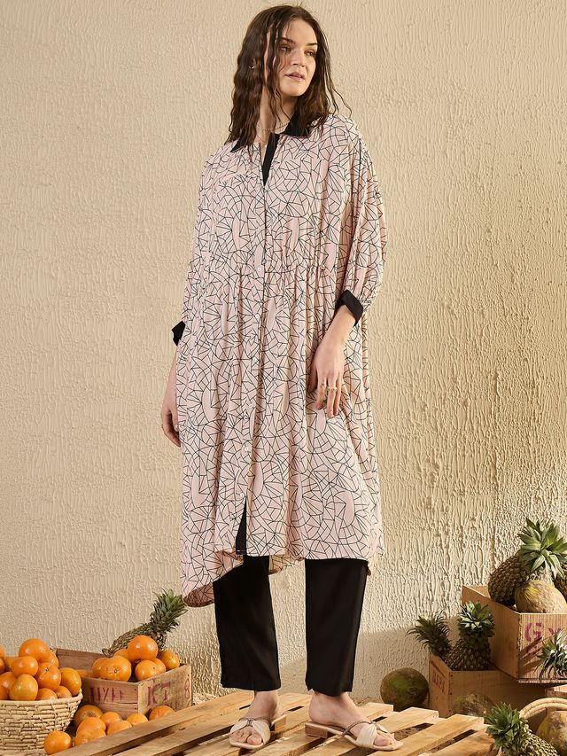 Sanskrutihomes Printed CollaRed | Tunic & Trouser Co-Ord Set for Women s | Beige | L