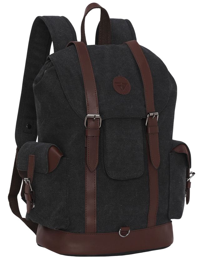Fur Jaden Unisex Solid Canvas and Vegan Leather 15 L Laptop Backpack | Black - 15.6 Inches