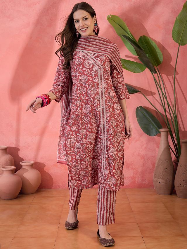 Rangdeep Floral Printed V Neck Pure Cotton Kurta With Trousers & Dupatta for Women s | Red | S