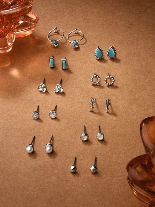 Accessorize London Women's Crystal Stud And Hoop Earrings Set Of 10 - Silver