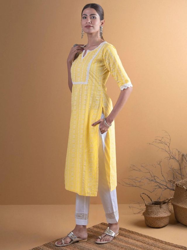 Libas Women Yellow Cotton Block Straight Kurta - 8479Mjs