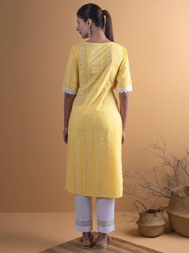 Libas Women Yellow Cotton Block Straight Kurta - 8479Mjs