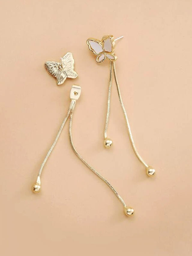 Yellow Chimes Gold Tone Butterfly Shape Stud Long Linear Chain Drop Dangle Earrings
