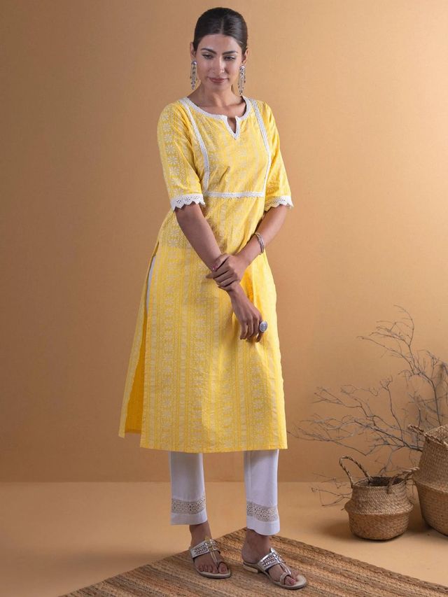 Libas Women Yellow Cotton Block Straight Kurta - 8479Mjs