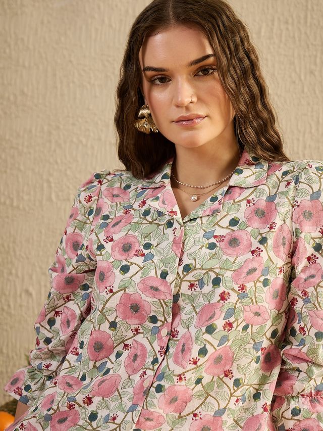 Sanskrutihomes Floral Printed Pure Cotton Shirt & Shorts for Women s | Pink | S