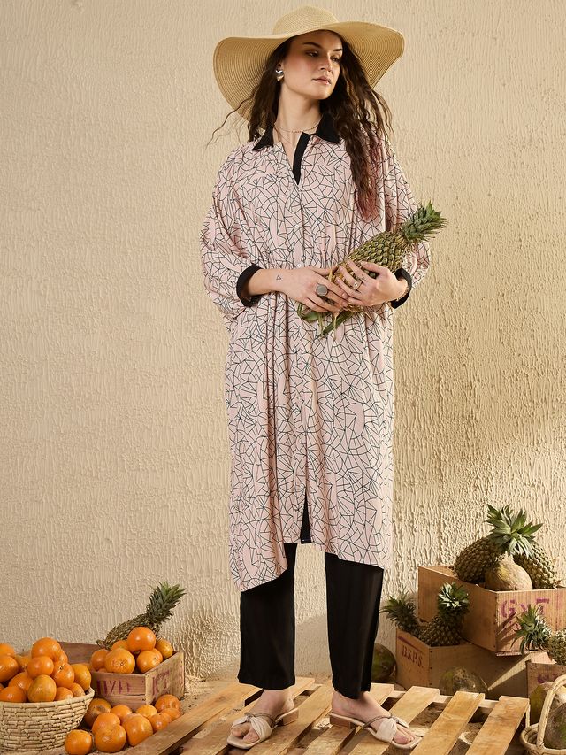 Sanskrutihomes Printed CollaRed | Tunic & Trouser Co-Ord Set for Women s | Beige | L