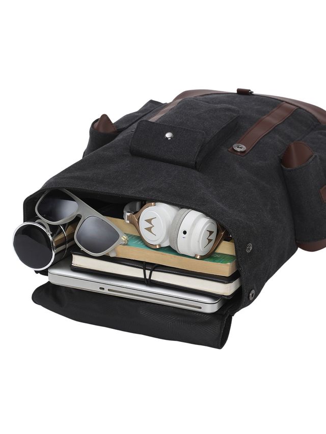 Fur Jaden Unisex Solid Canvas and Vegan Leather 15 L Laptop Backpack | Black - 15.6 Inches