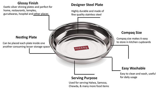 Hazel Steel Plate Set, 12 Cm | Multipurpose Stainless Plates, Set Of 6 For Kitchen