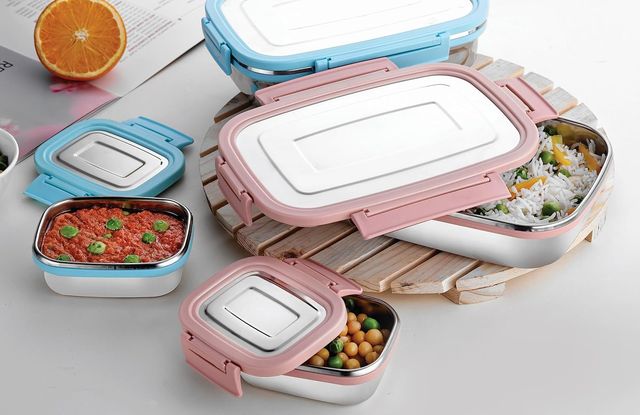 Ganesh Craze Stainless Steel Tiffin Lunch Box With 4 Side Clip Lock(650Ml 1Pc + 140Ml 1 Pc) Pink