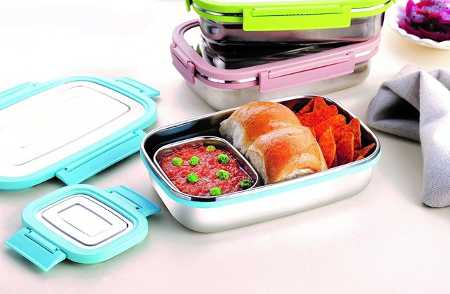 Ganesh Craze Stainless Steel Tiffin Lunch Box With 4 Side Clip Lock(650Ml 1Pc + 140Ml 1 Pc) Pink