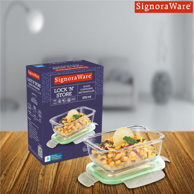 SignoraWare Lock 'N' Store Borosilicate Glass Container Rectangular 370 Ml | 1703 Clear