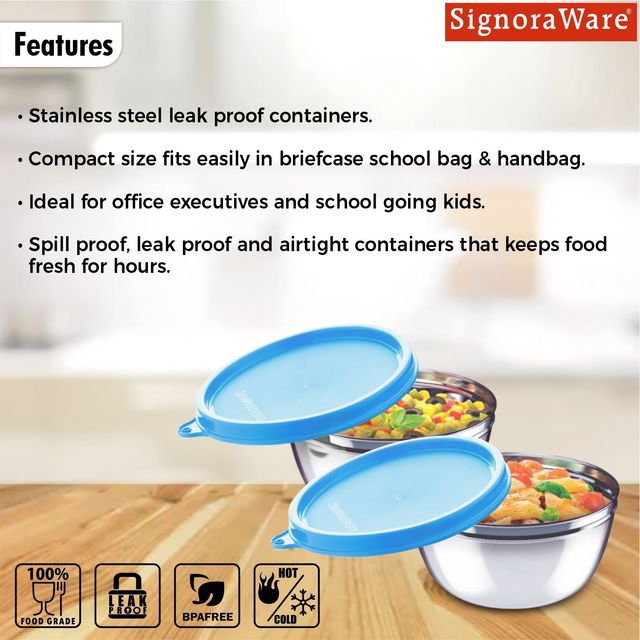 SignoraWare Mixing Bowl Steel set | Airtight | Leakproof | Set of 2 | 500ml x 2 | Blue