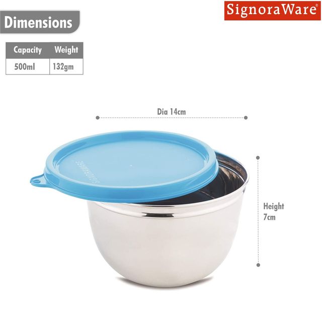 SignoraWare Mixing Bowl Steel set | Airtight | Leakproof | Set of 2 | 500ml x 2 | Blue