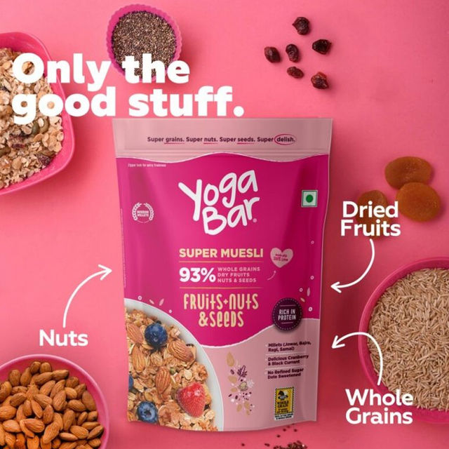 Yoga Bar Muesli 91% Fruits Nuts & Seeds, Protein Rich Wholegrain Breakfast Cereals, Granola