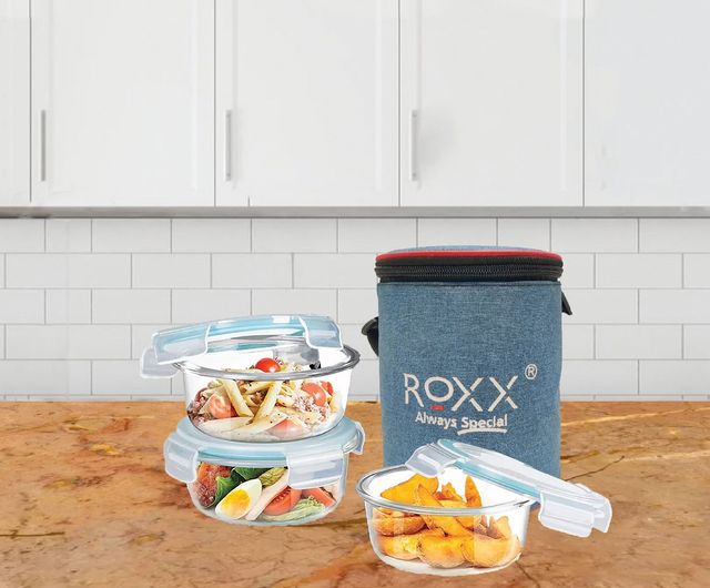 Roxx Round Borosilicate Tiffin Box3 Pcs Set With Pouch
