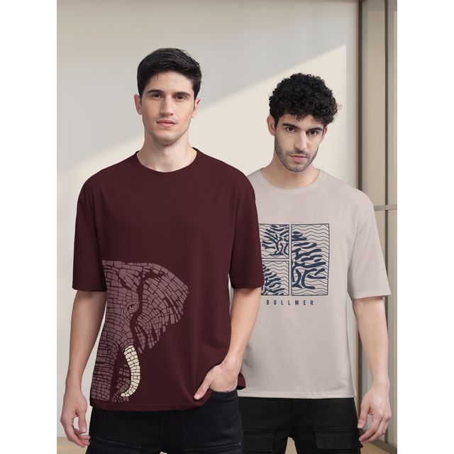 Bullmer Men's Oversized T-shirt Front and Back Printed | Maroon, Beige | XL