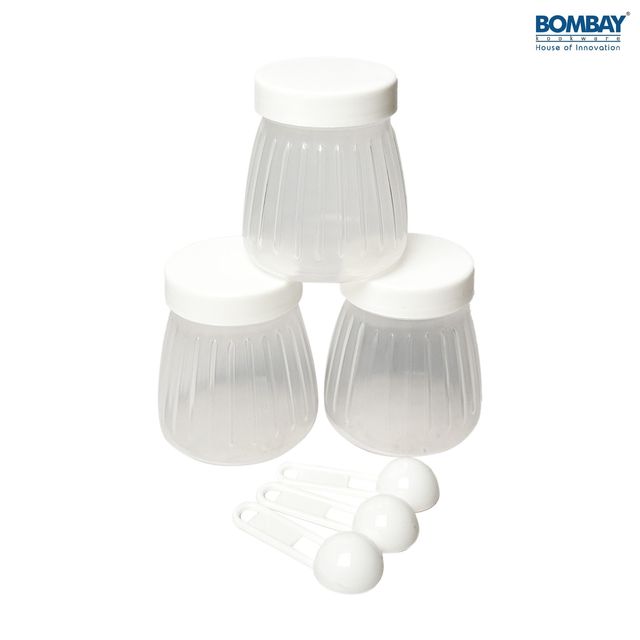 Plastic Container Set with Spoon, Jars 200ml each | White | Set of 3
