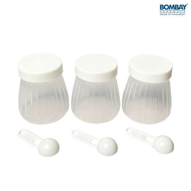 Plastic Container Set with Spoon, Jars 200ml each | White | Set of 3