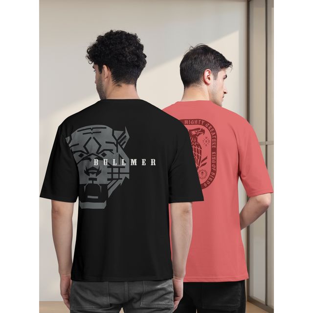 Bullmer Men's Oversized T-shirt Front and Back Printed | Black, Red | S