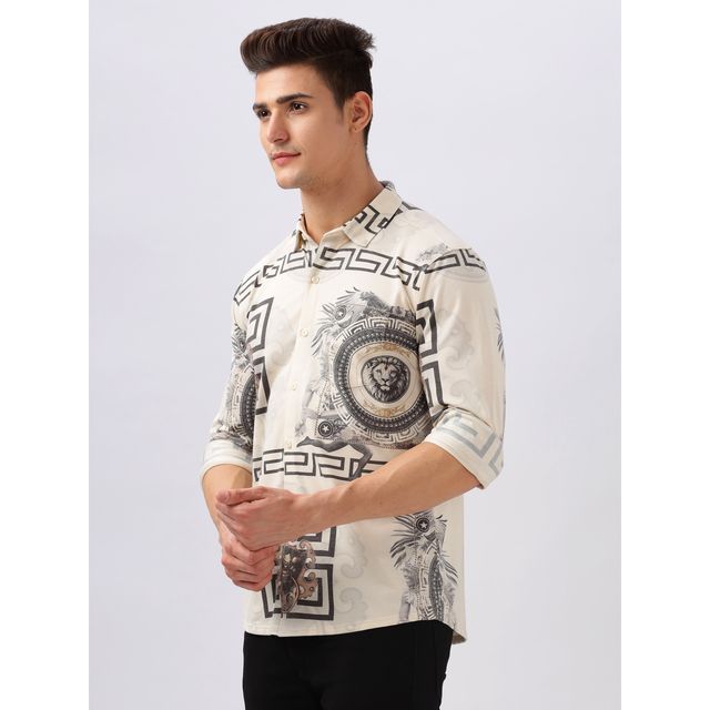 Bullmer Men's Trendy Regular Fit Printed Causal Full Sleeve Shirt | Beige - M