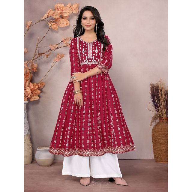 Rangita Women s Maroon Rayon Embroidered Calf Length Anarkali Kurta | L