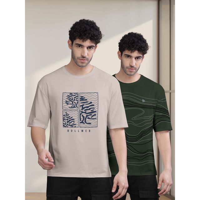 Bullmer Men's Oversized T-shirt Front and Back Printed | Beige, Olive | M