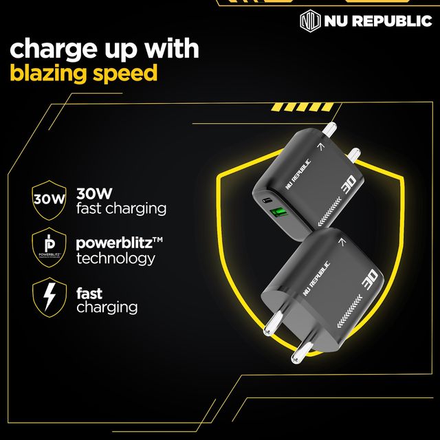 Nu Republic Cybotron 30W Gan Superfast Wall Charger with Type-C To Type-C Cable (Black)