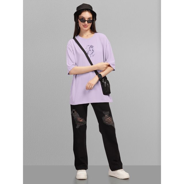 Hellcat Women's Trendy Printed Oversized T-shirt | Lavender - L