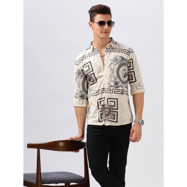 Bullmer Men's Trendy Regular Fit Printed Causal Full Sleeve Shirt | Beige - M