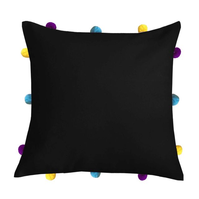 Lushomes Cushion Cover with Pom Pom - Black | 12 x 12 inch