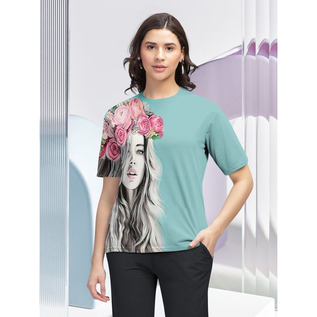 Hellcat Women's Trendy Printed Regular Fit Round Neck casual Tshirt | Mint Green - XL