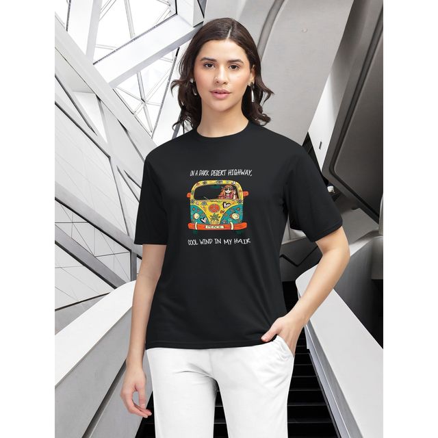 Hellcat Women's Trendy Printed Regular Fit Round Neck casual Tshirt | Black - L