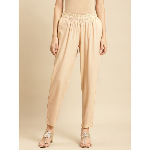 Rangita Women Ankle Length Straight Pant - Solid | Rayon | Beige | L