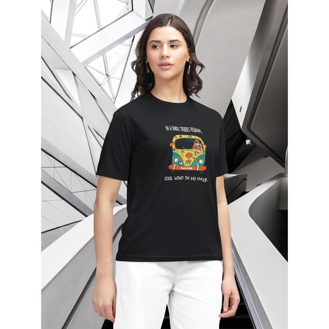 Hellcat Women's Trendy Printed Regular Fit Round Neck casual Tshirt | Black - L