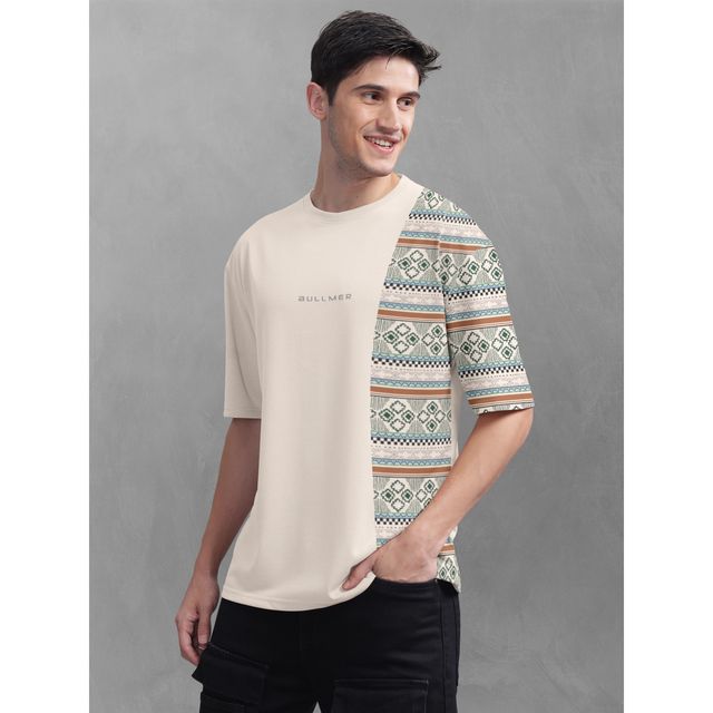 Bullmer Men's Oversized T-shirt Front and Back Printed | Petrol Blue, Beige | M