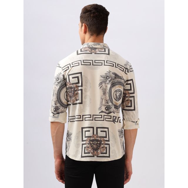 Bullmer Men's Trendy Regular Fit Printed Causal Full Sleeve Shirt | Beige - M