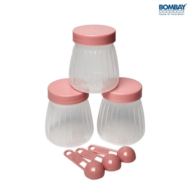 Plastic Container Set with Spoon, Jars 500ml each | Pink | Set of 3