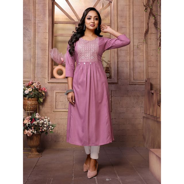 Rangita Women s Wine Rayon Embroidered Calf Length A-Line Kurta | M