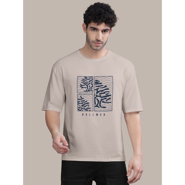 Bullmer Men's Oversized T-shirt Front and Back Printed | Maroon, Beige | XL
