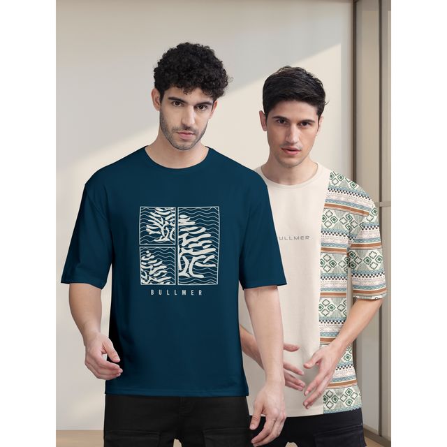 Bullmer Men's Oversized T-shirt Front and Back Printed | Petrol Blue, Beige | M