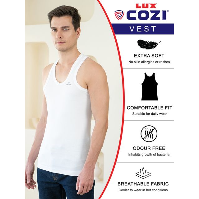 Lux Cozi Ultra Soft Pure Cotton Round Neck Vest | White | XL | Pack Of 2