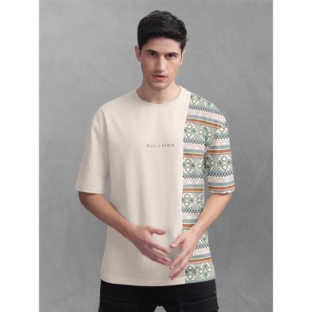 Bullmer Men's Oversized T-shirt Front and Back Printed | Petrol Blue, Beige | M