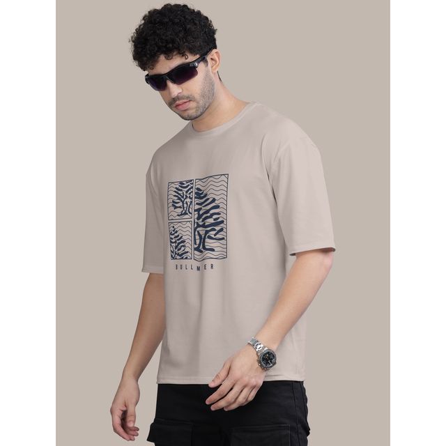 Bullmer Men's Oversized T-shirt Front and Back Printed | Maroon, Beige | XL